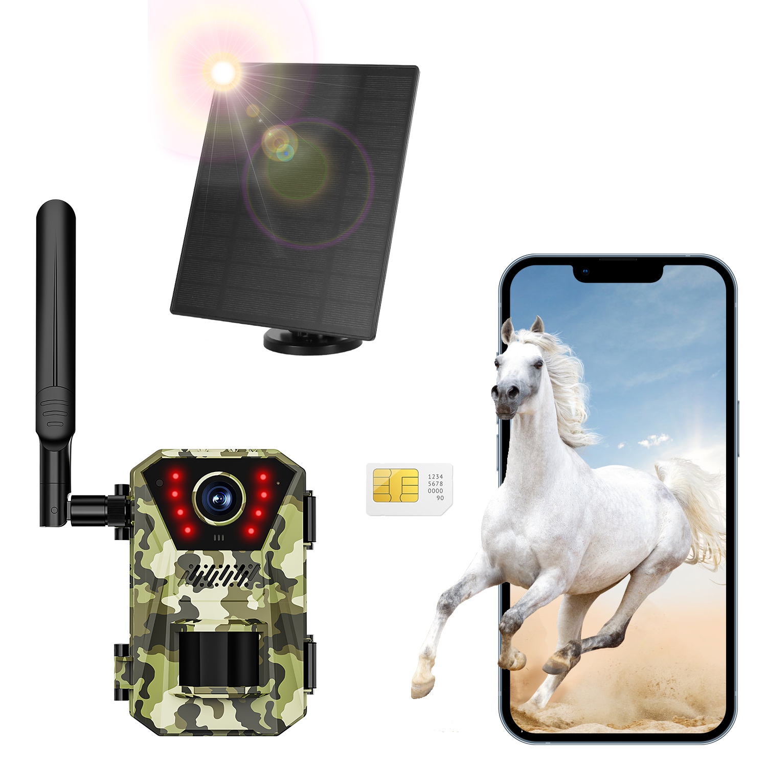 1Pc 4G 4K 30FPS Solar Trail Camera Outdoor Wildlife Camera Motion Activated IP66 Waterproof With 140 Degree Viewing Angle No Glow Night Vision SIM Card APP Control No WiFi Needed