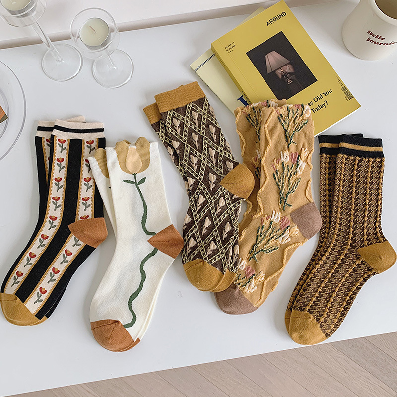 One piece Mechanism Boneless Stitching Vintage Mori System Gold Color System Text Mid thigh Women's Socks 5Pairs Set - Shop at LoveMi