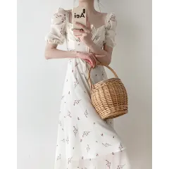 Temperament Floral Bubble Sleeved Dress - Offwhite - View 1