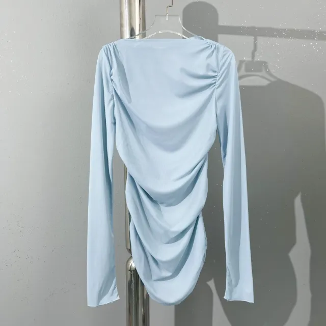 Macaroon Color Matching Thin Bottoming Shirt Blue - Shop at LoveMi