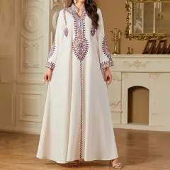 Elegant Women's Long Sleeve Floor-Length Dress - Stand Collar With Geometric Print & Sequins Detail Dress For Casual&Party Wear - Apricot - View 1