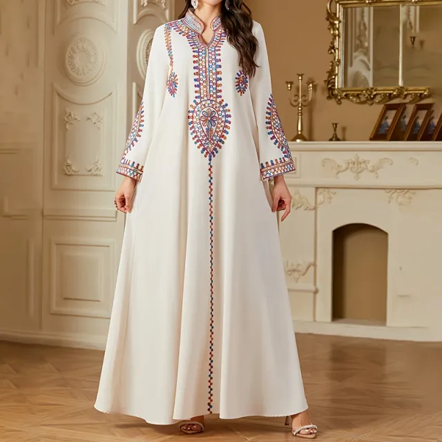 Elegant Women's Long Sleeve Floor Length Dress Stand Collar With Geometric Print & Sequins Detail Dress For Casual&Party Wear Apricot - Shop at LoveMi