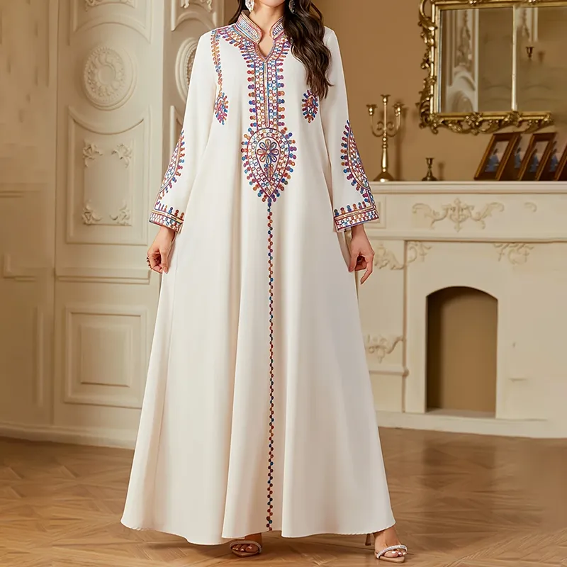 Elegant Women's Long Sleeve Floor-Length Dress - Stand Collar With Geometric Print & Sequins Detail Dress For Casual&Party Wear - Apricot