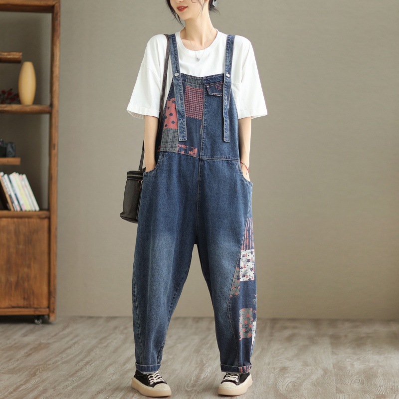 New Real Time Shooting Denim Print Spliced Nine Split Strap Pants For Women Blue - Shop at LoveMi