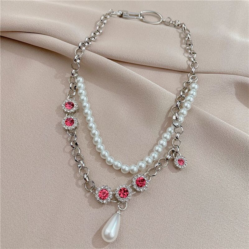 Retro Rhinestone Pearl Double Necklace Female Light Luxury Temperament Pendant