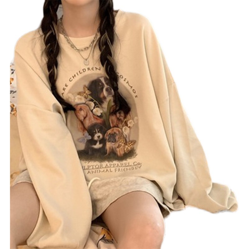 Printed Crewneck Sweater Jacket Loose Women's Top