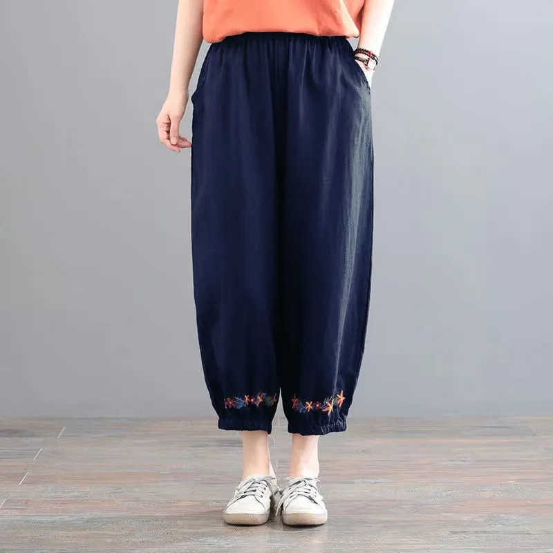 Women's Vintage Cotton Linen Solid Color Casual Pants Navy - Shop at LoveMi