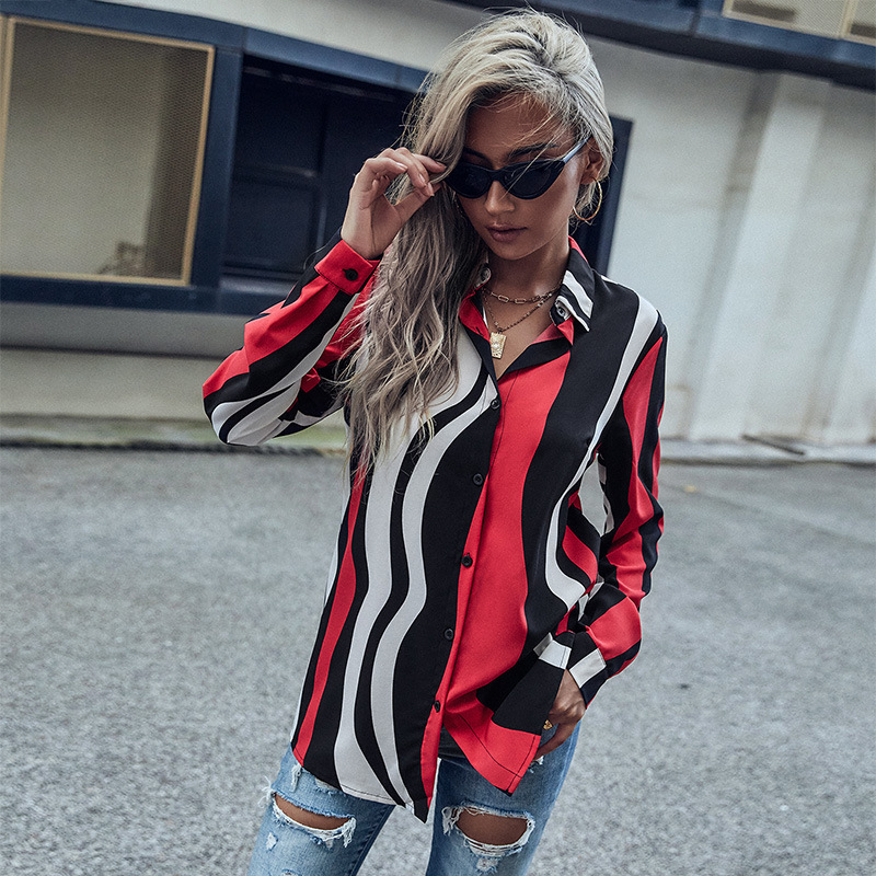 New Women's Red Striped Lapel Long-sleeved Bottoming Shirt For Women