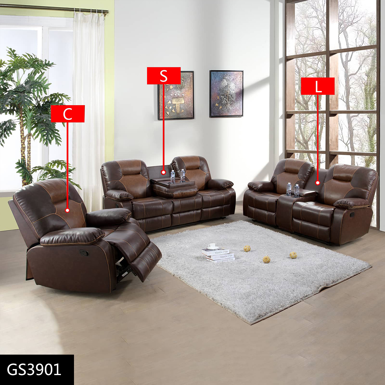 Pickup Only--Brown Bonded Leather 3-Piece Couch Living Room Sofa Set