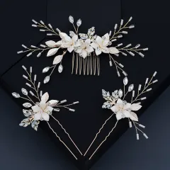 Bridal Jewelry Photography Photo Hair Accessories Flower Rhinestones Comb Handmade U-shaped - Gold - View 1