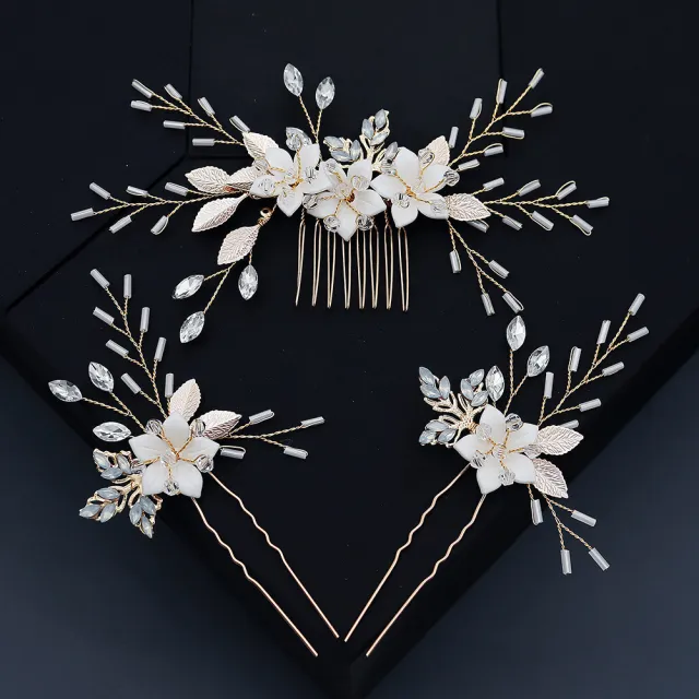 Bridal Jewelry Photography Photo Hair Accessories Flower Rhinestones Comb Handmade U shaped Gold - Shop at LoveMi