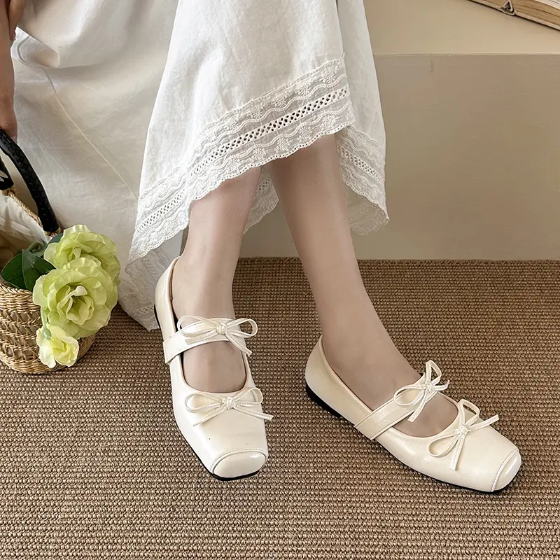Women Kawaii Double Front Bow Two Ribbon Strap Mary Jane Flats, Square Toe Soft Matte Leather Slip On Gentle Casual Spring Student Doll Ballerina Loafer Shoes