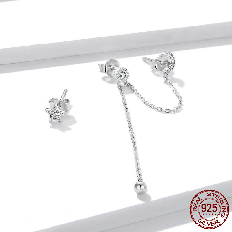 S925 Silver Fantasy Star And Moon Long Tassel Ear Line Earrings