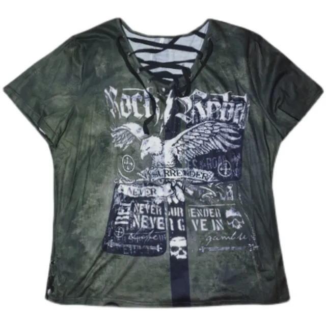 Punk Subculture Retro Strappy Loose Printed T shirt Dark Green - Shop at LoveMi