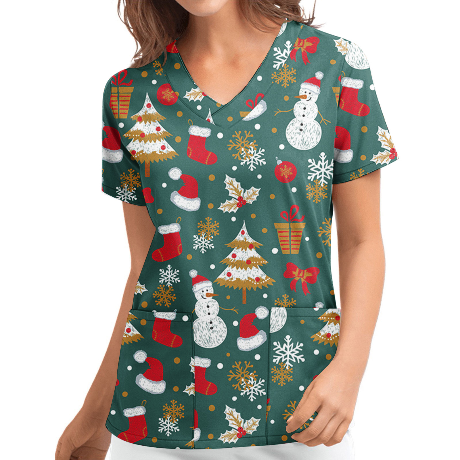 Title 4, Christmas Printed V-neck Short Sleeve Workwear ...