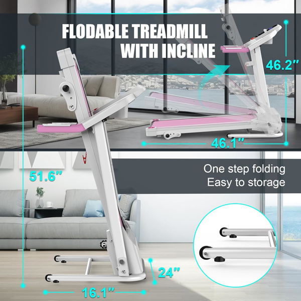 Compact Folding Treadmill for Home - 2.5HP Quiet Brushless Motor, 3-Level Incline, 7.5 MPH, Shock Absorption, Space-Saving Design for Running, Walking - Treadmill for Small Spaces & Home Use-14