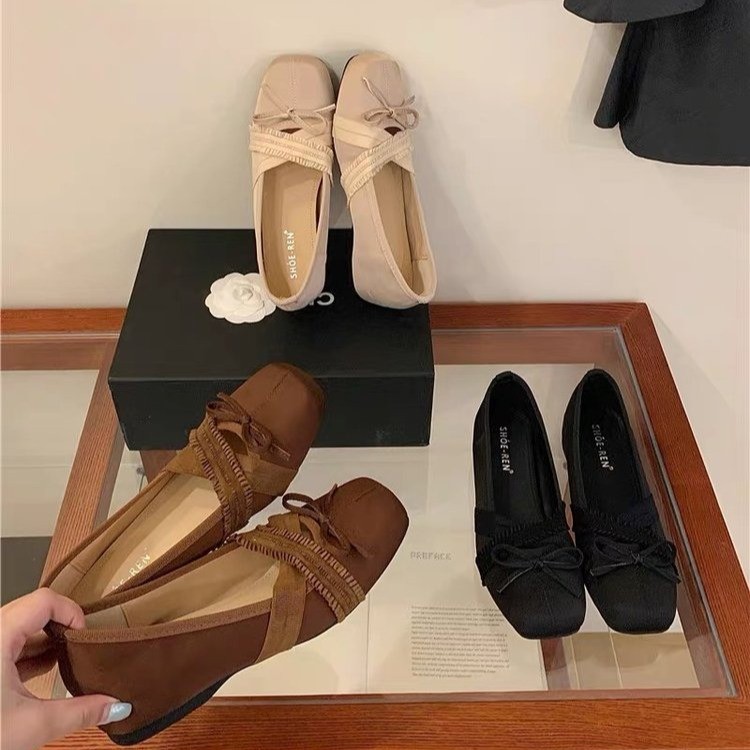 Women French Vintage Ruffle Trim Cross Band Bow Ballet Flats, Square Toe Soft Matte Suede Fabric Slip On Minimalist Gentle Casual Daily Doll Loafer Slippers