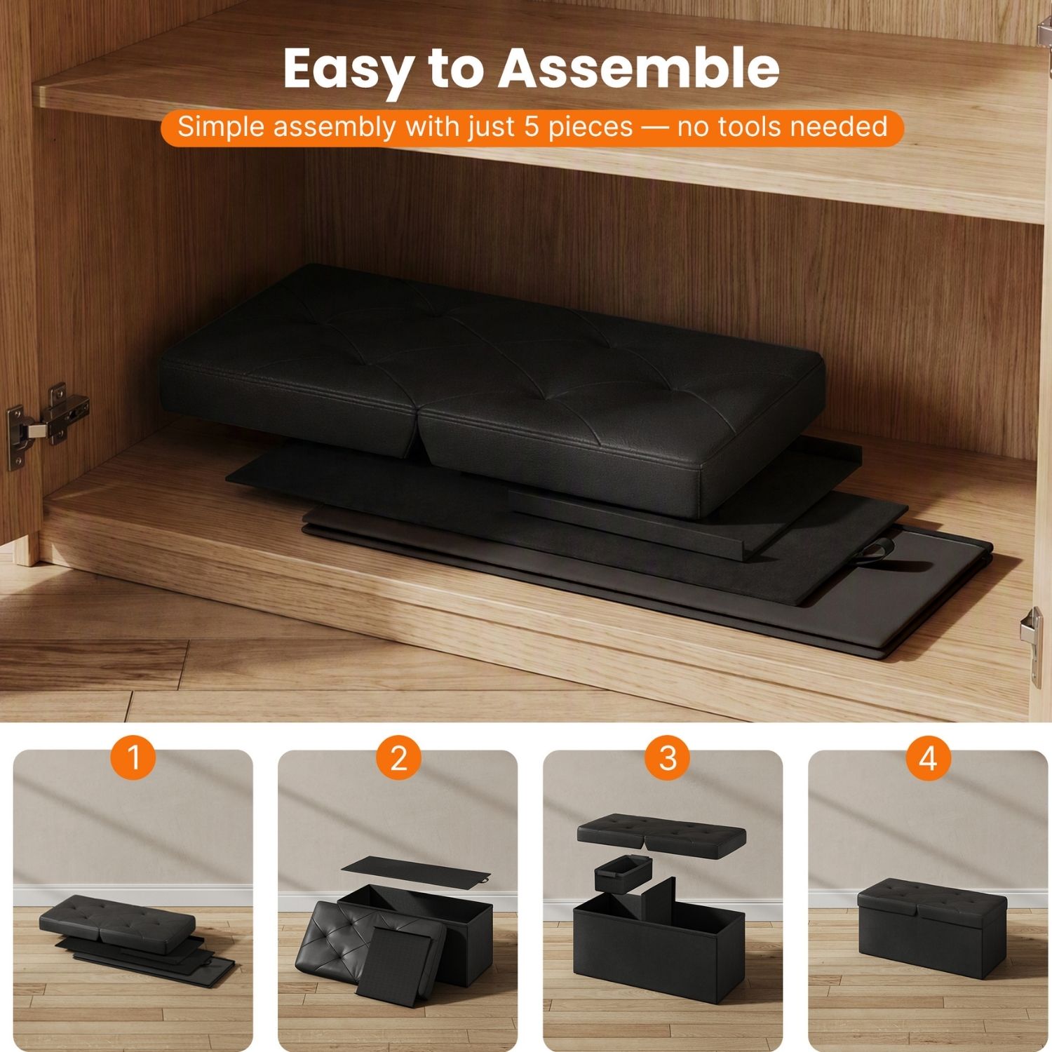 Folding Storage Ottoman, Compact Flip-Top Ottoman With Divider, Padded PVC Seat, Space-Saving Footrest Stool For Bedroom, Entryway, Living Room image 5