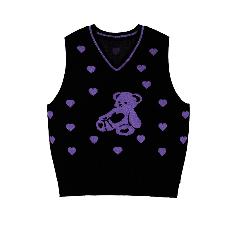 Bear Heart V-neck Knitted Sweater Vest