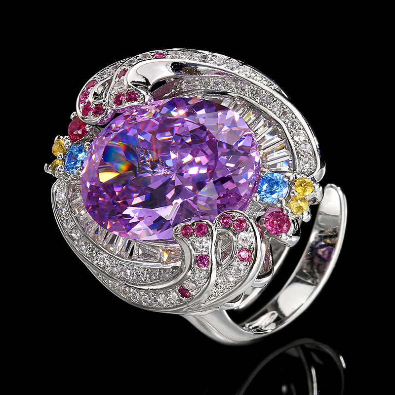 Exquisite Swirl Design Purple Amethyst Ring, Rainbow Gemstone Encrusted Cocktail Ring For Women thumbnail 4