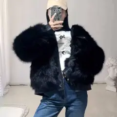 Leather Women's Motorcycle Coat Winter Faux Fox Fur Coat Slim Fit Fur One - Black - View 1