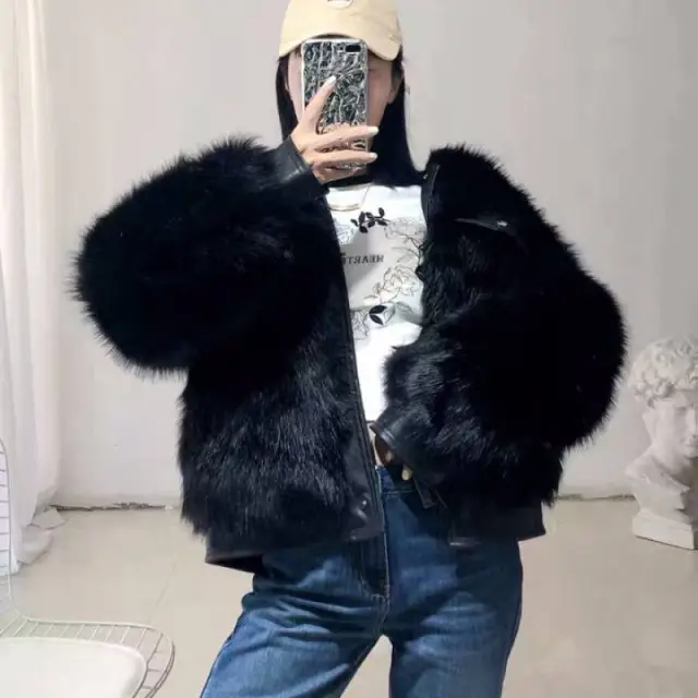 Leather Women's Motorcycle Coat Winter Faux Fox Fur Coat Slim Fit Fur One Black - Shop at LoveMi