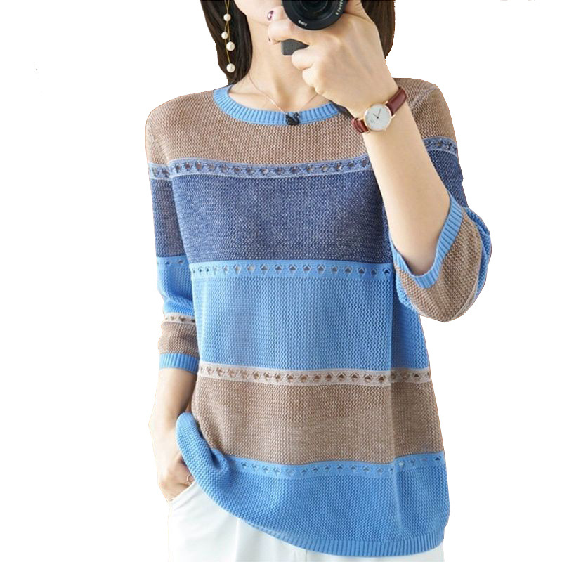 Contrasting Color Knitted Striped Bottoming Shirt Women's Round Neck