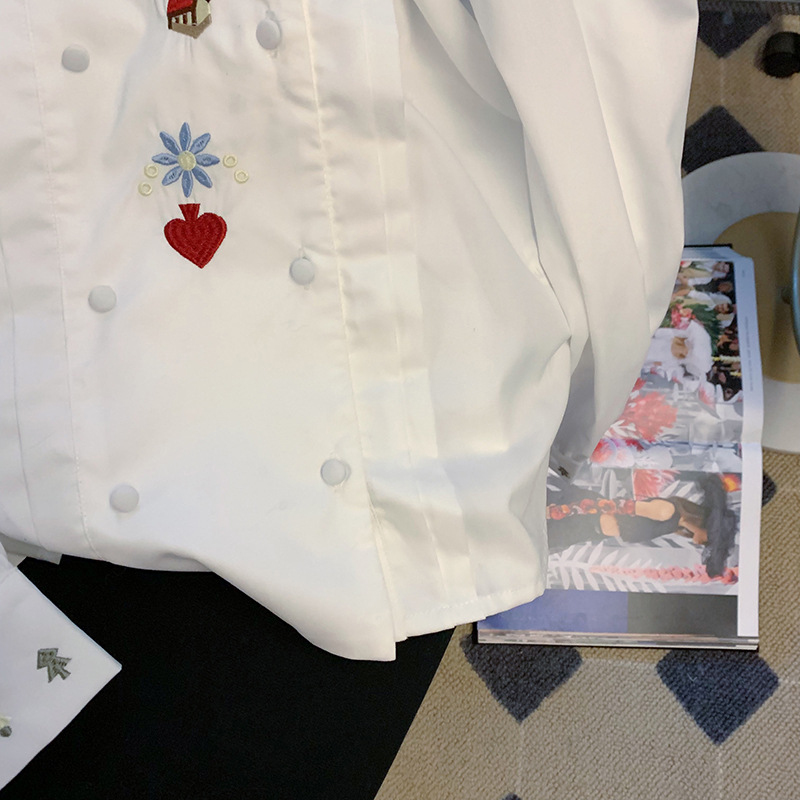 French Lapel Embroidered White Shirt