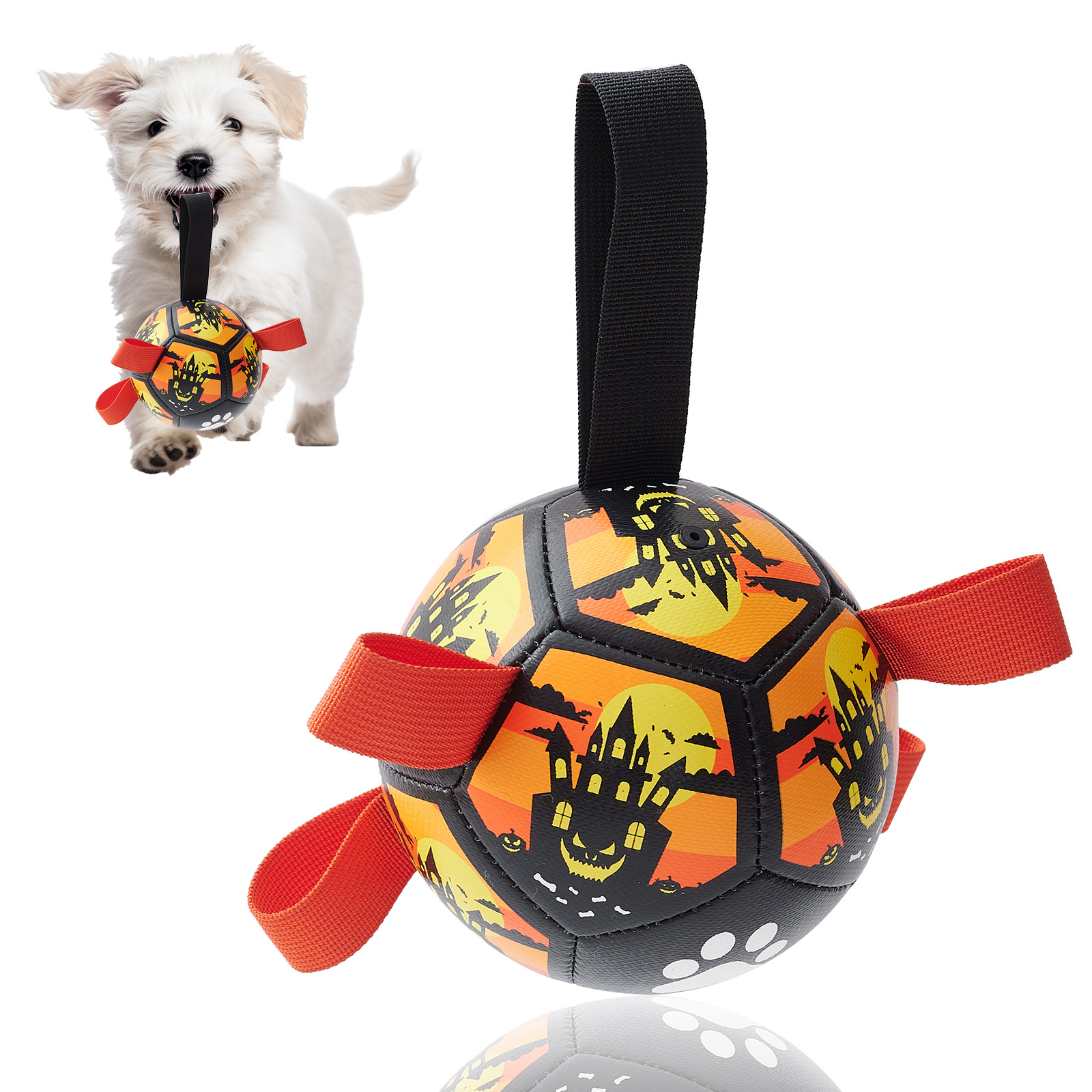 Interactive Dog Soccer Ball with Straps, Small Dog Toy. Active Play Design:  Experience dynamic play with our Dog Football Toy, featuring nylon tabs for an erratic bounce, perfect for fetching, tossing, and interactive training sessions. Versatile Water P