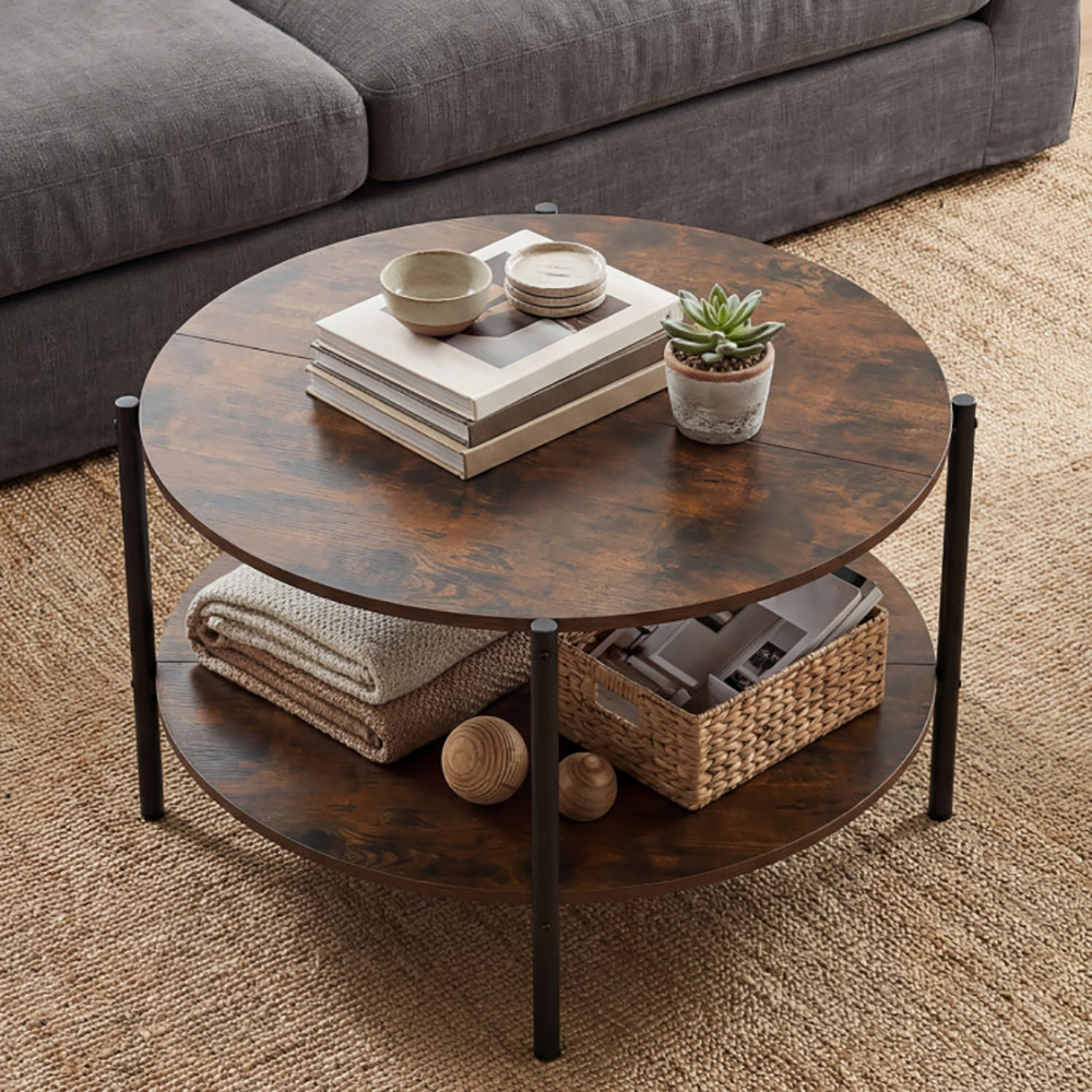 Round Coffee Table 2-Tier Industrial Accent Table With Open Storage Shelf With Adjustable Foot Pads For Apartments And Compact Spaces