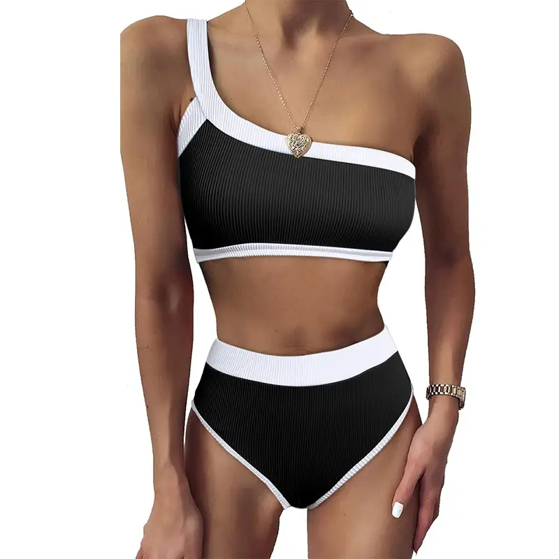 Single-side Strap Bikini Women's European And American Pure Color Tight High Waist Split
