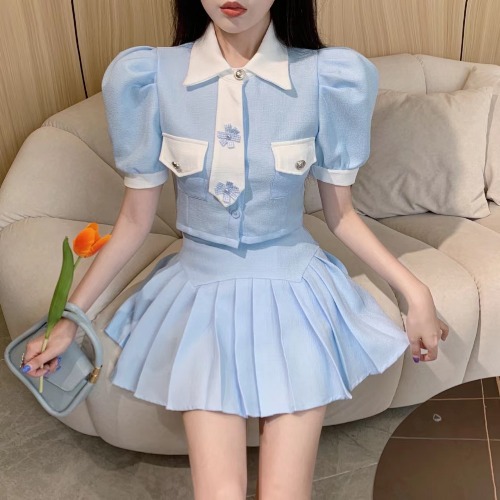 Fashionable Temperament Puff Sleeve Top Pleated Skirt Two Jacket S - Shop at LoveMi