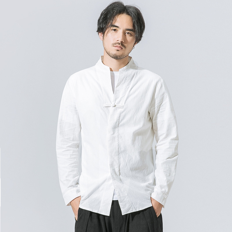 Cotton Linen Men Disc Button Long Sleeved Shirt