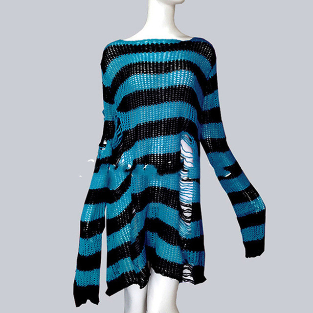 Title 13, Womens Striped Loose Knitwear With Ripped Mid-l...