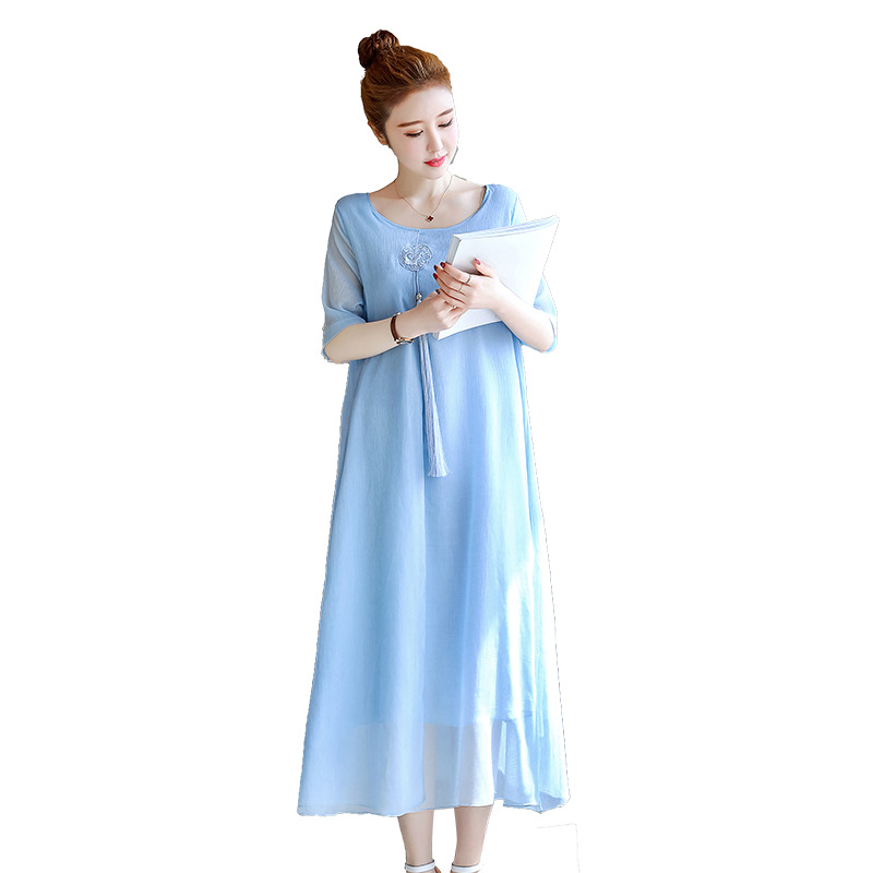 Cotton And Linen Embroidered Flower Loose Dress