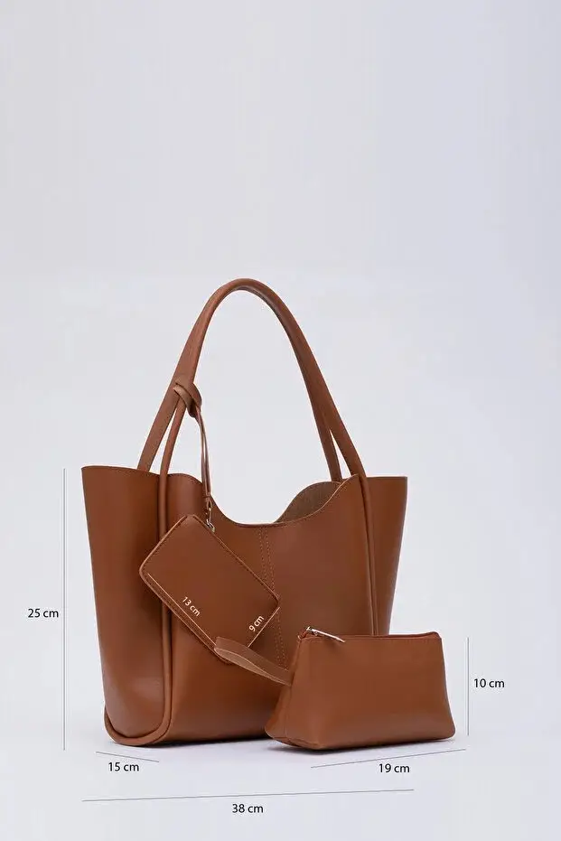 Tan SHK108 Faux Leather Women Hand And Shoulder Bag With Wallet And Makeup Bag