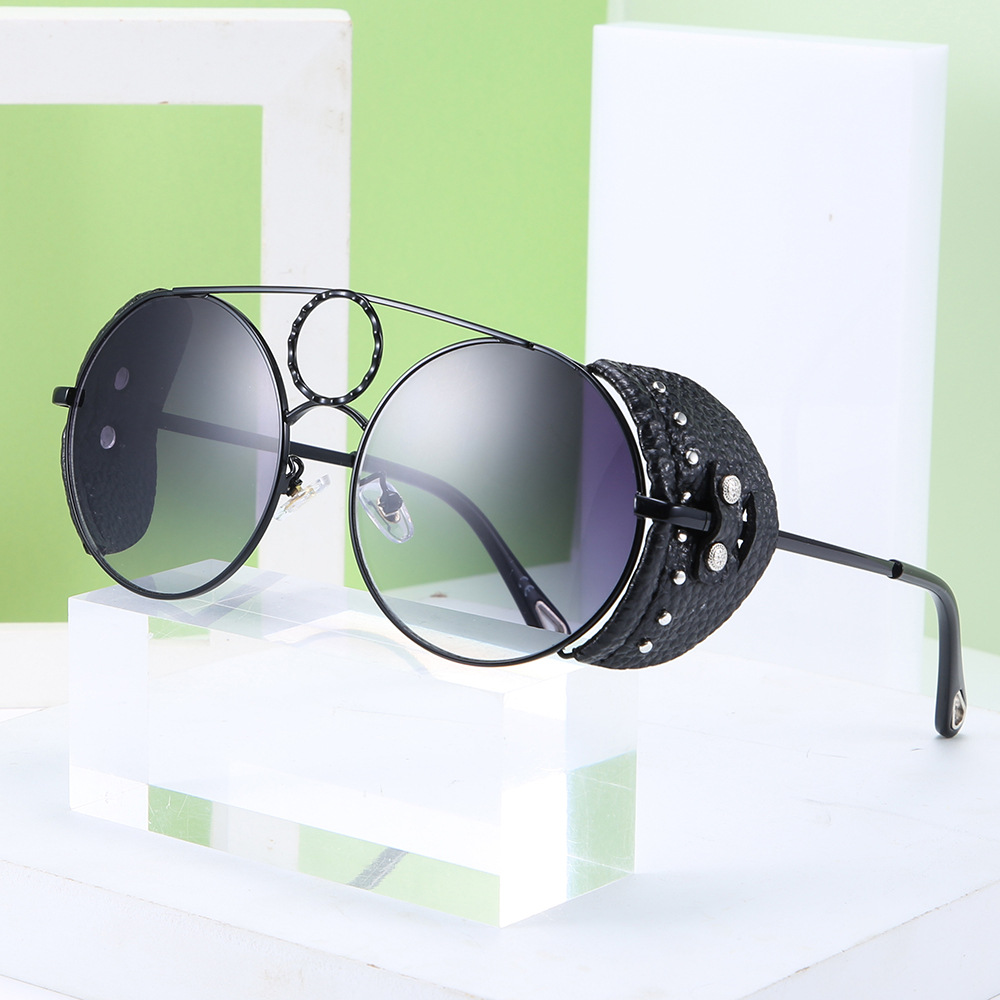 Title 2, Round Leather Rivet Metal Sunglasses