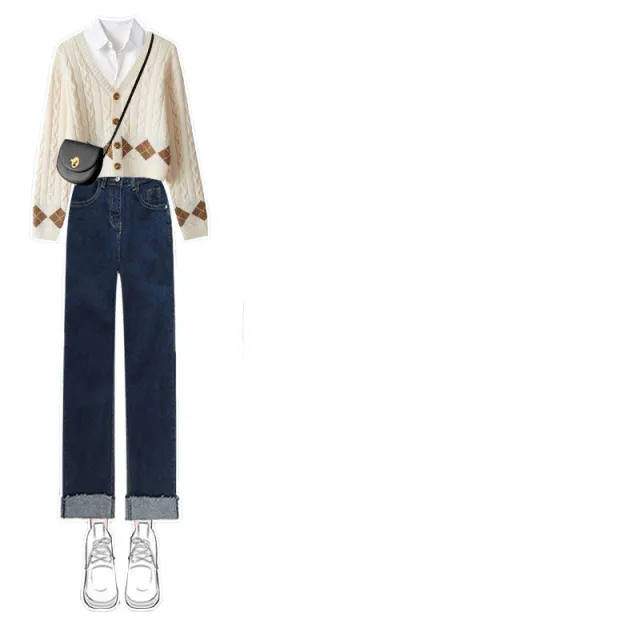 Knitted Cardigan Slimming Jeans Three piece Set Suit M - Shop at LoveMi