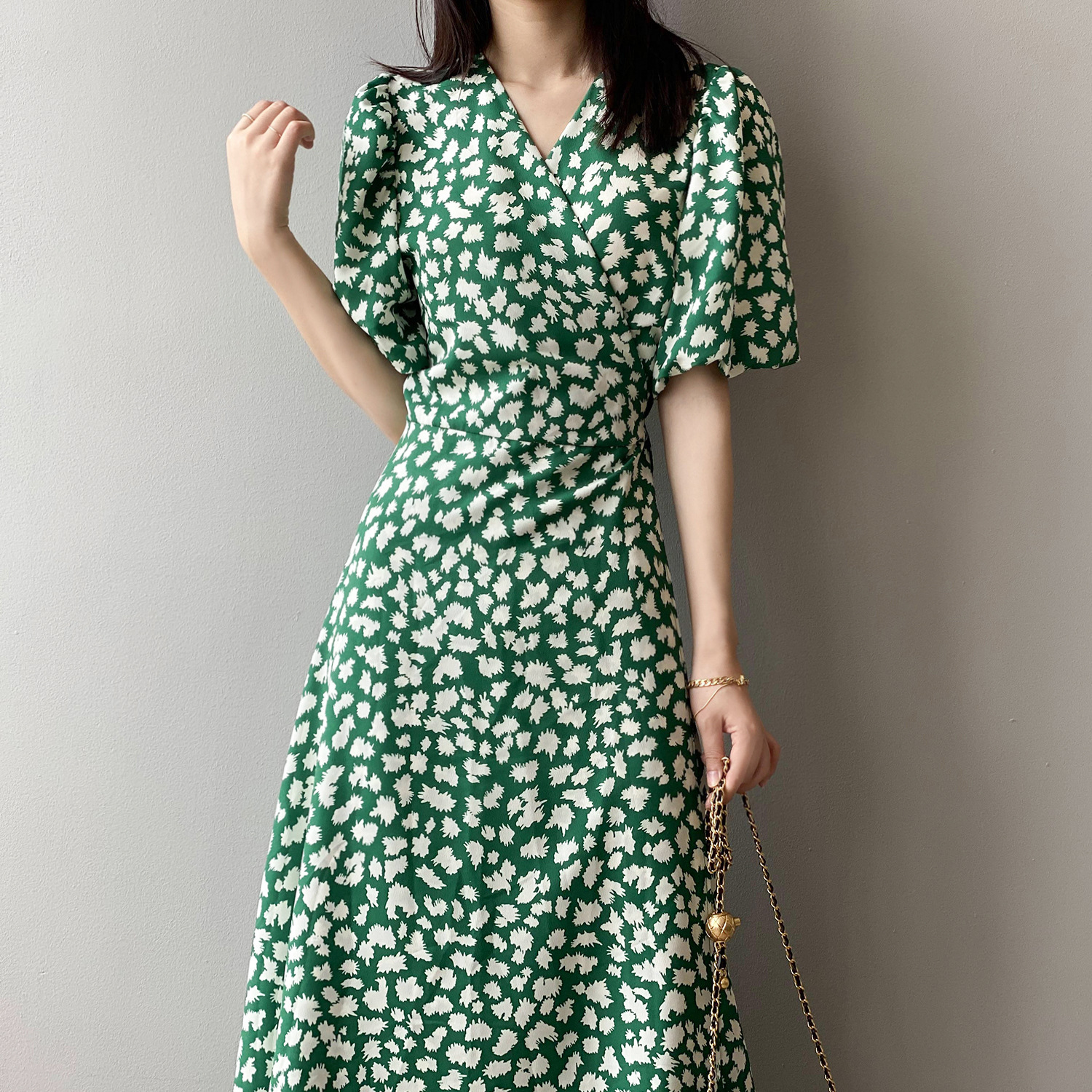 V neck Floral Dress Women"s Summer New French Forest Green - Shop at LoveMi