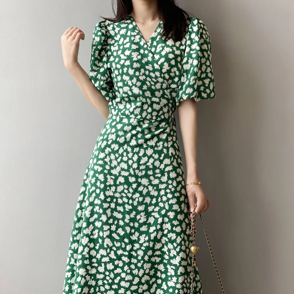 V-neck Floral Dress Women"s Summer New French Forest - Green