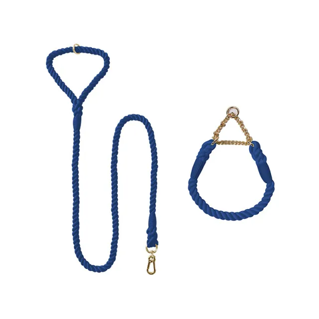 Woven Cotton Pet Dog Leash Collar Set Navy Gold - Shop at LoveMi