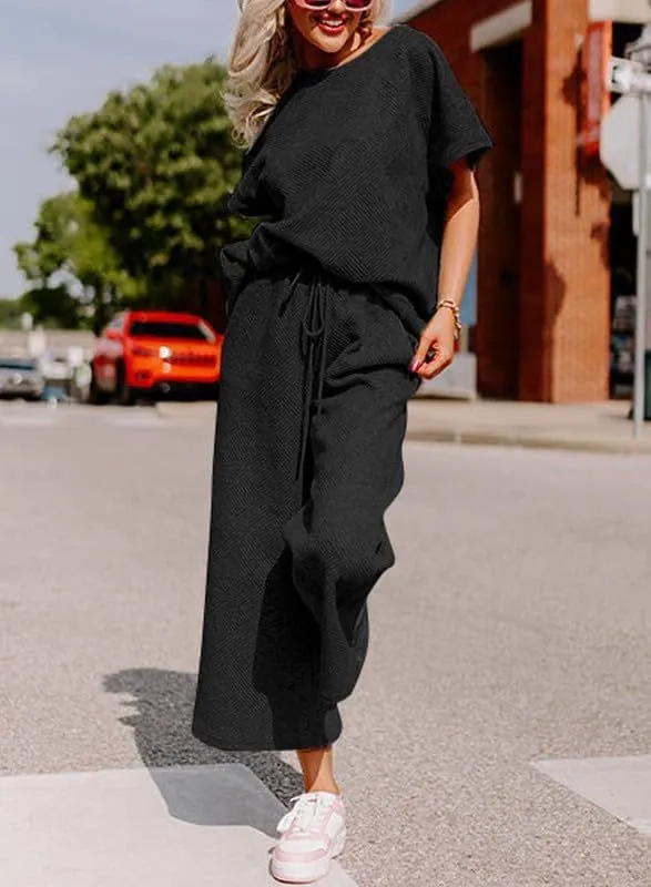 Solid Color Texture Casual Fashion Women's Wear Short sleeved Trousers Two piece Set Black - Shop at LoveMi