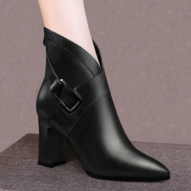 Women's Thick Heel High top Shoes Fashion Leather Ankle Boots Black - Shop at LoveMi