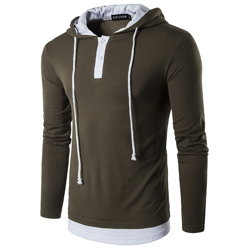 Fake Two-piece Hooded Drawstring Long-sleeved T-shirt