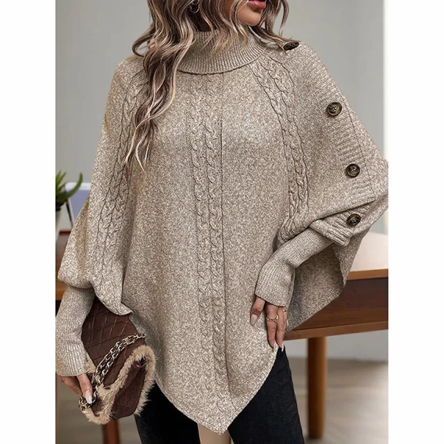 Women's Asymmetry Hem Turtleneck Sweater Batwing Long Sleeve Casual Pullover For Fall Winter Khaki - Shop at LoveMi