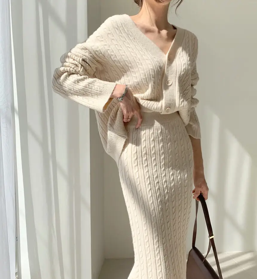 New Temperament Knitted Sweater Cardigan Over-the-knee Skirt Suit