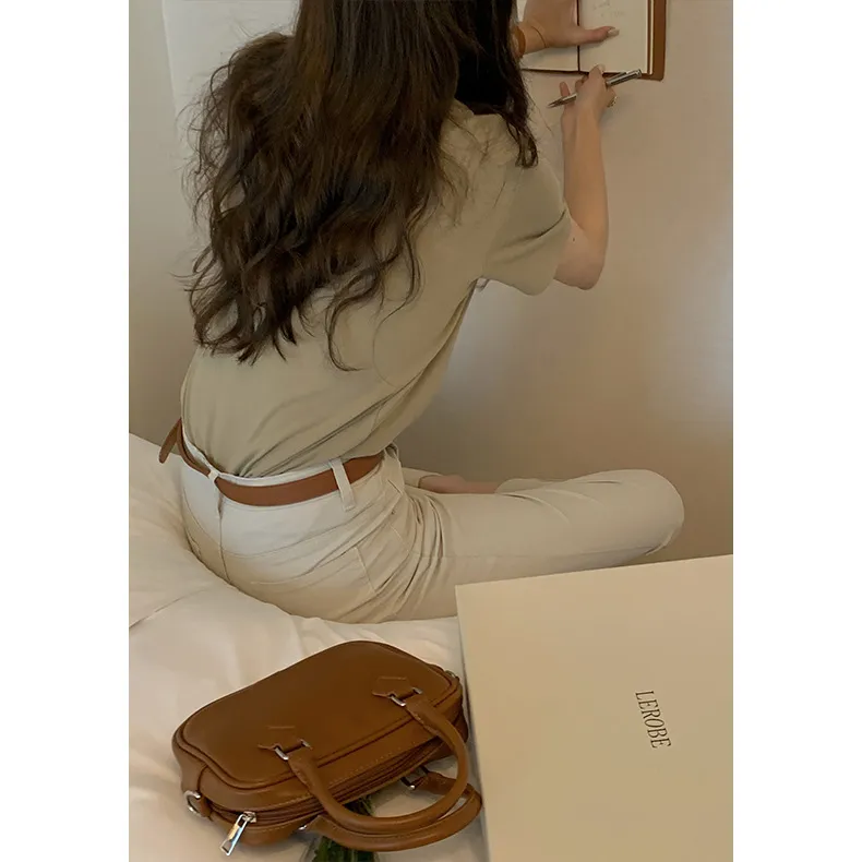 Women's Solid Color Round Neck Loose And Slim Short Sleeve T-shirt - Beige Camel