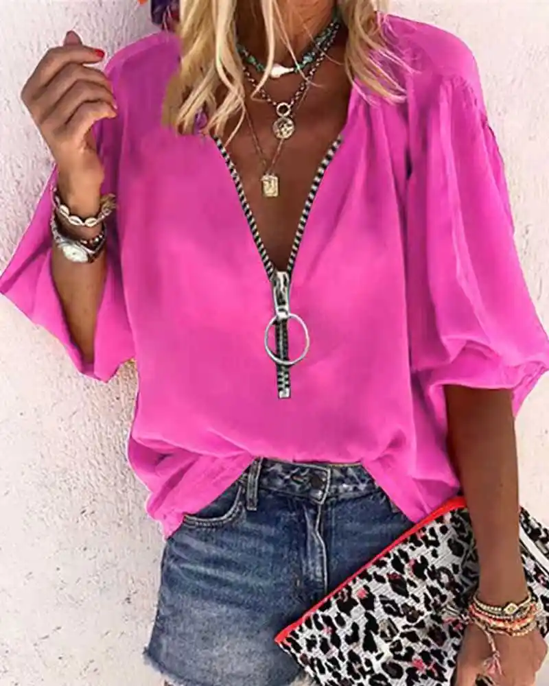 Printed Long-sleeved Sleeves Temperament Blue Short Short Shirt