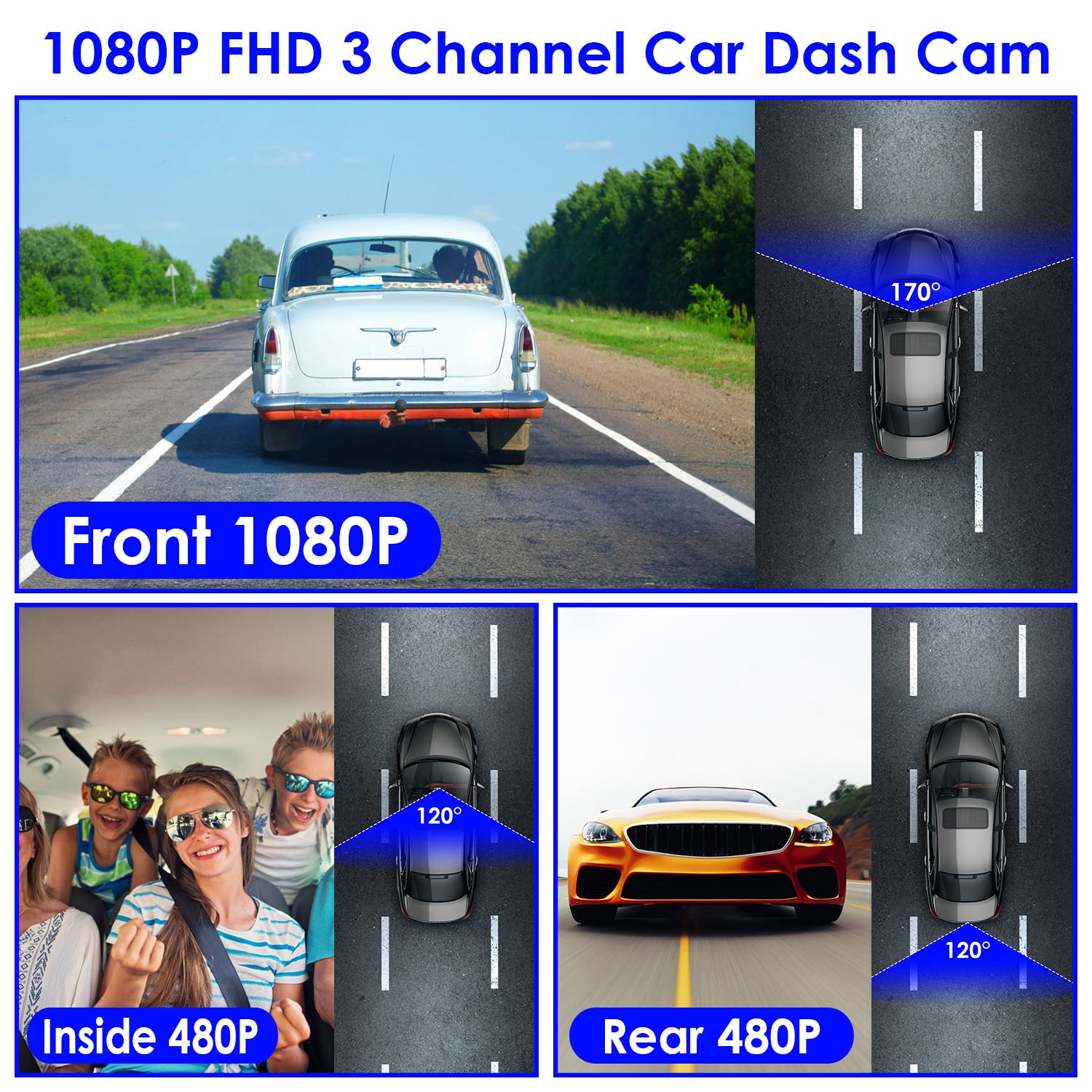 1080P FHD 3 Channel WiFi Dash Cam 170 Degree Wide Angle Triple Car Camera With IR Night G Sensor Motion Detection Loop Recording App Control Support 128G Max