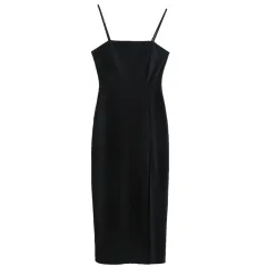 Slim Fit Black Slip Dress Midi - Black - View 1